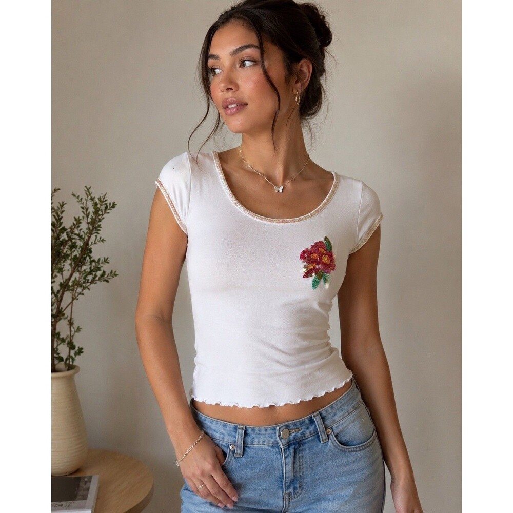 Jordache Vintage Baby Tee Sequined Capped Sleeve Size S/M  Lettuce Hem Y2K